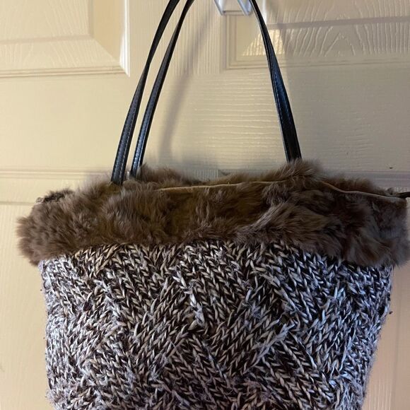 Murval Paris brown & Beige knit with faux fur small tote bag double hand… - Picture 3 of 11